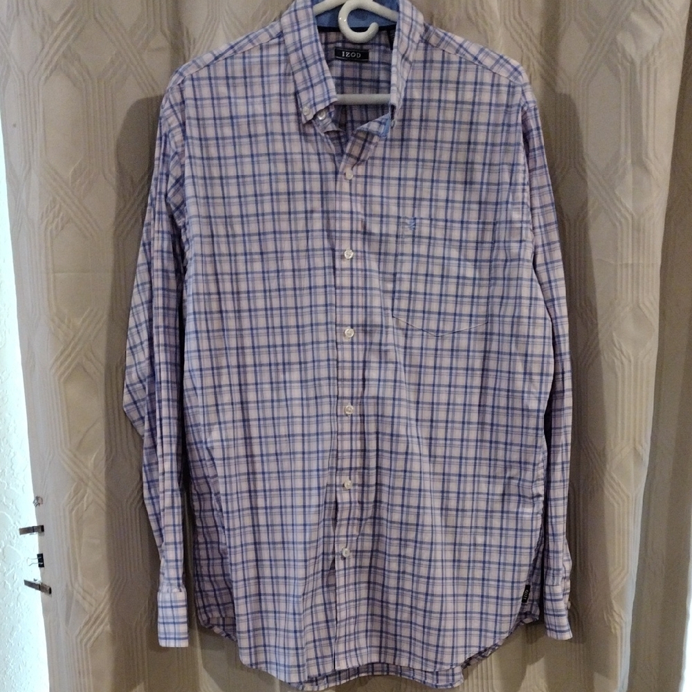Izod Men's Purple and White Plaid Shirt Large Long Sleeve